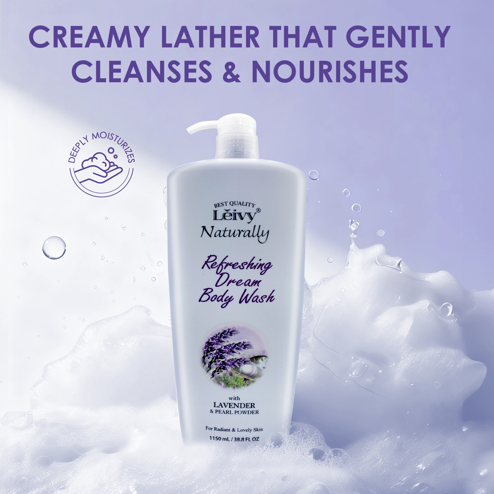 Lěivy Lavender Body Wash Deep Moisturizing, Hydrating Shower Gel, with Vitamin E & Pearl Powder, 38.8 Fl oz / 1150ML
