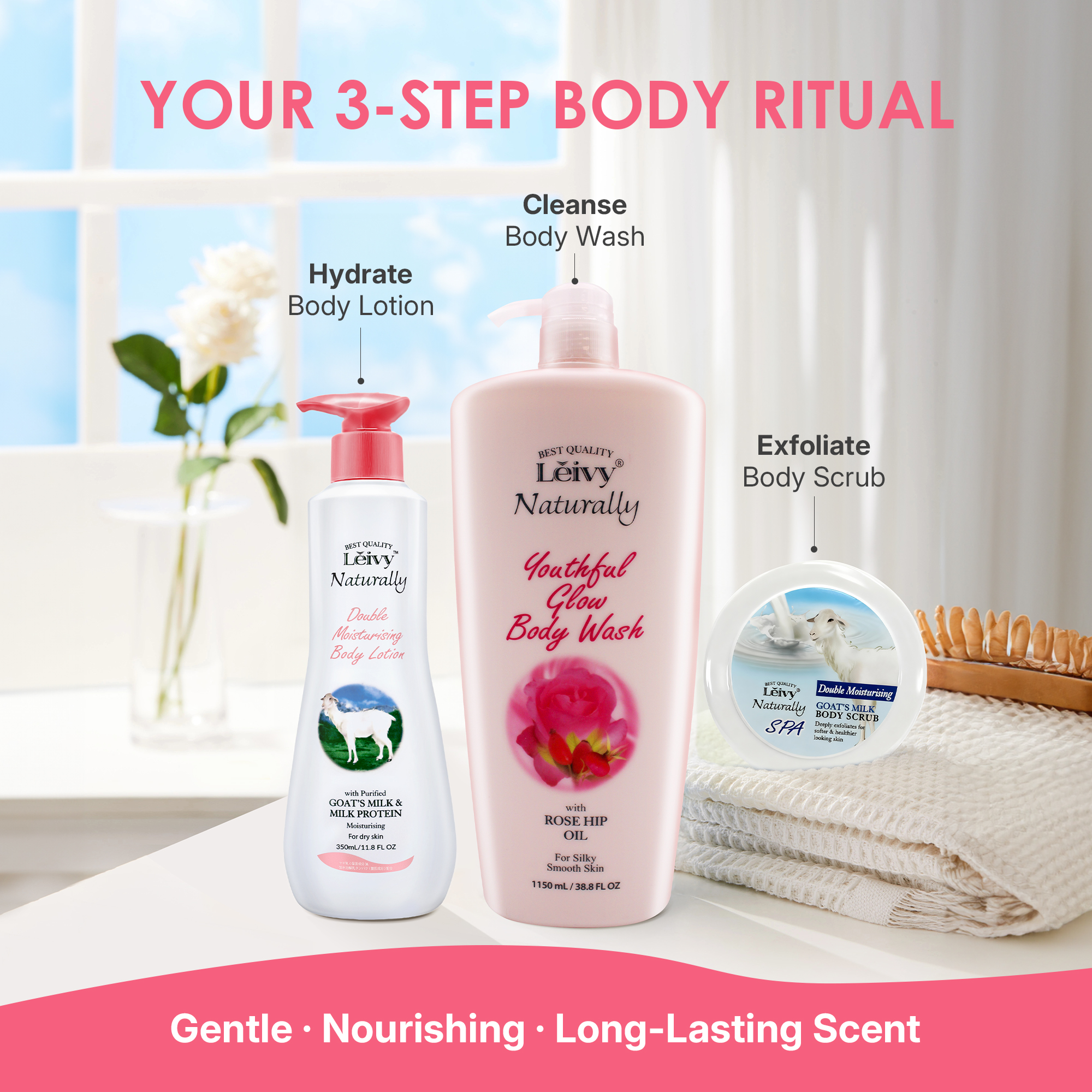 Lěivy Rosehip Oil Body Wash Deep Nourishing, Soften Skin, with Vitamin E & Hydrolyzed Milk Protein, 1150 mL / 38.8 FL OZ