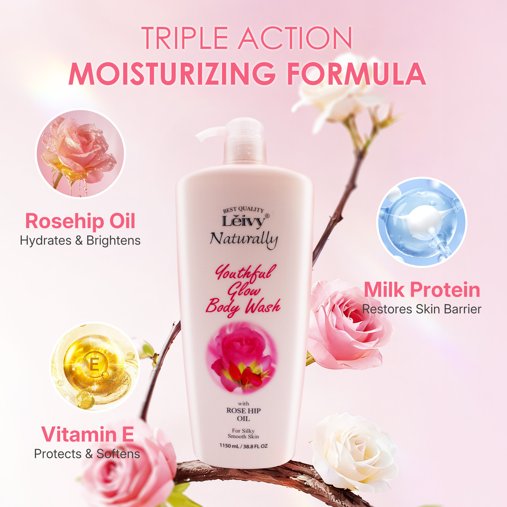Lěivy Rosehip Oil Body Wash Deep Nourishing, Balance and Soften Skin, with Vitamin E & Hydrolyzed Milk Protein, 38.8 Fl oz / 1150ml