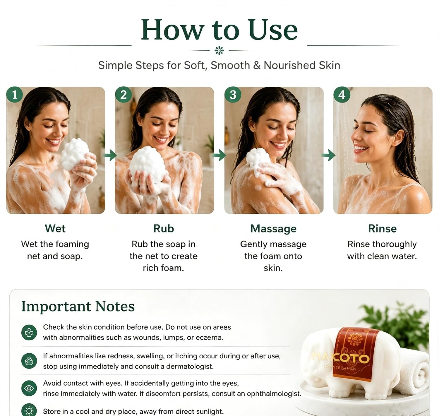 MAKOTO Bath Bar Soap,Body Wash Soap Bulk,Smooth Skin Good Soap,Natural oli Moisturizing Soap, 3.17 oz / 90g