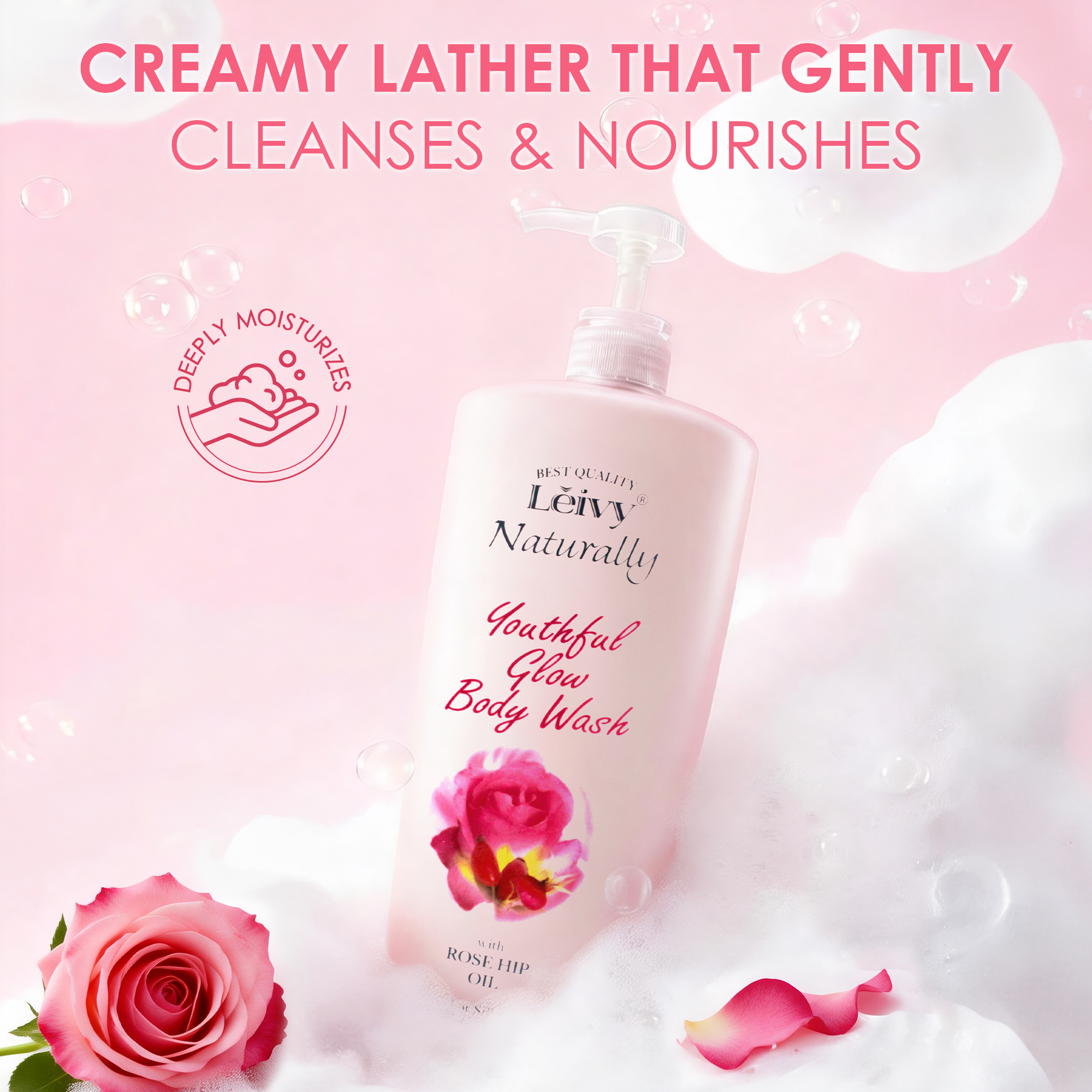Lěivy Rosehip Oil Body Wash Deep Nourishing, Balance and Soften Skin, with Vitamin E & Hydrolyzed Milk Protein, 38.8 Fl oz / 1150ml