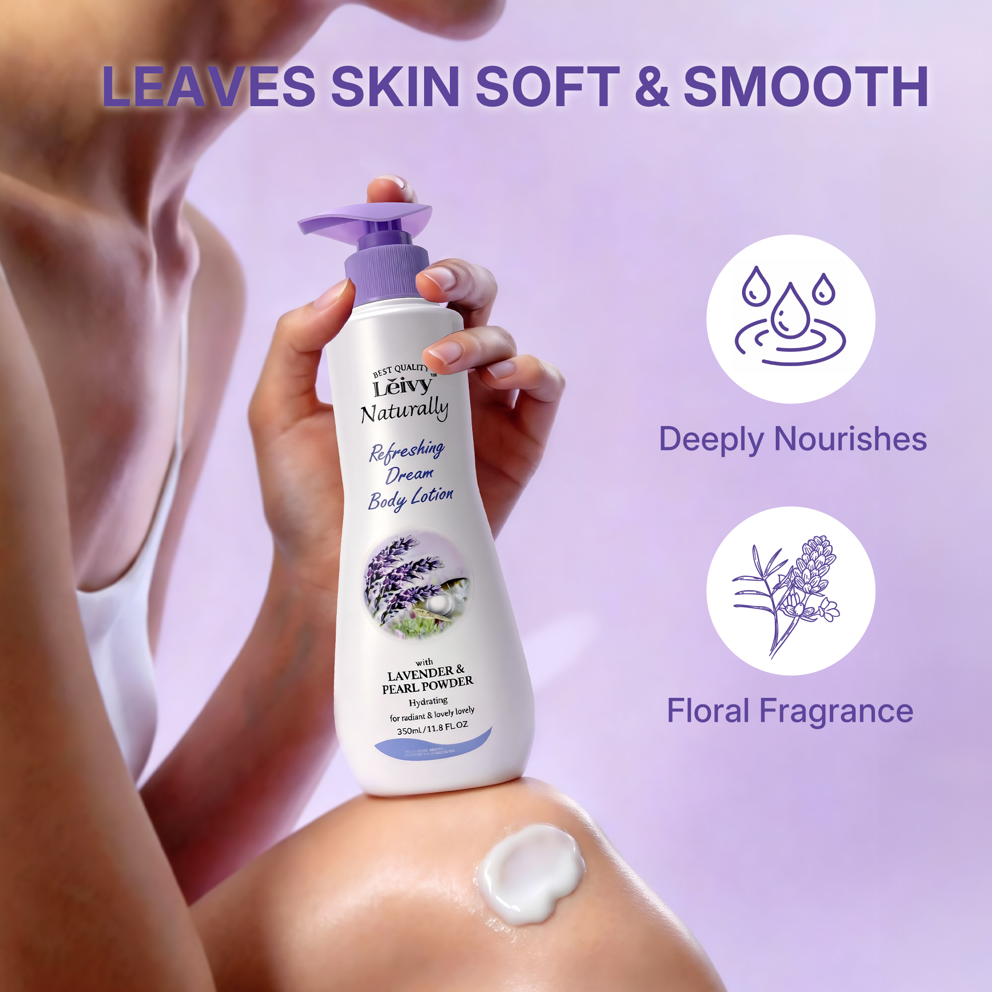 Lěivy Lavender Body Lotion, Deeply Moisture, Lightweight & Non-Greasy, for All Skin Types with Pearl Powder & Vitamins E, 11.8 fl oz / 350 ML