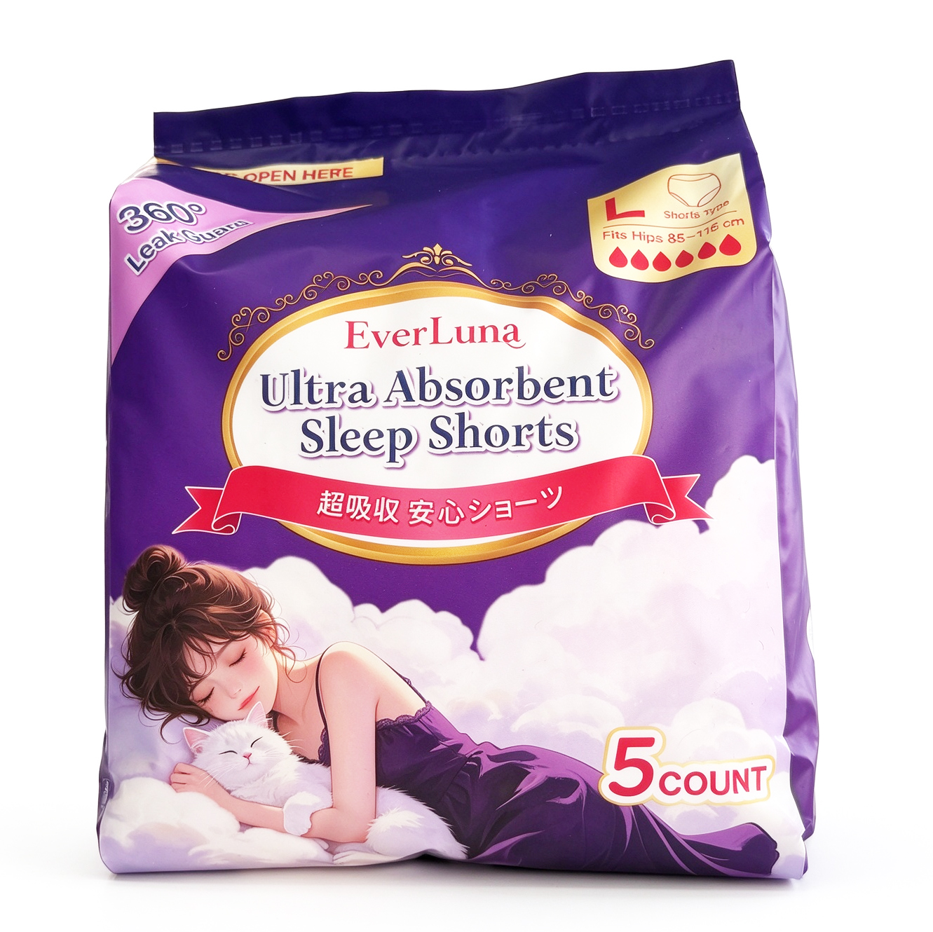 EverLuna Ultra Absorbent Sleep Shorts – L Size (5 Count) | All Night Protection