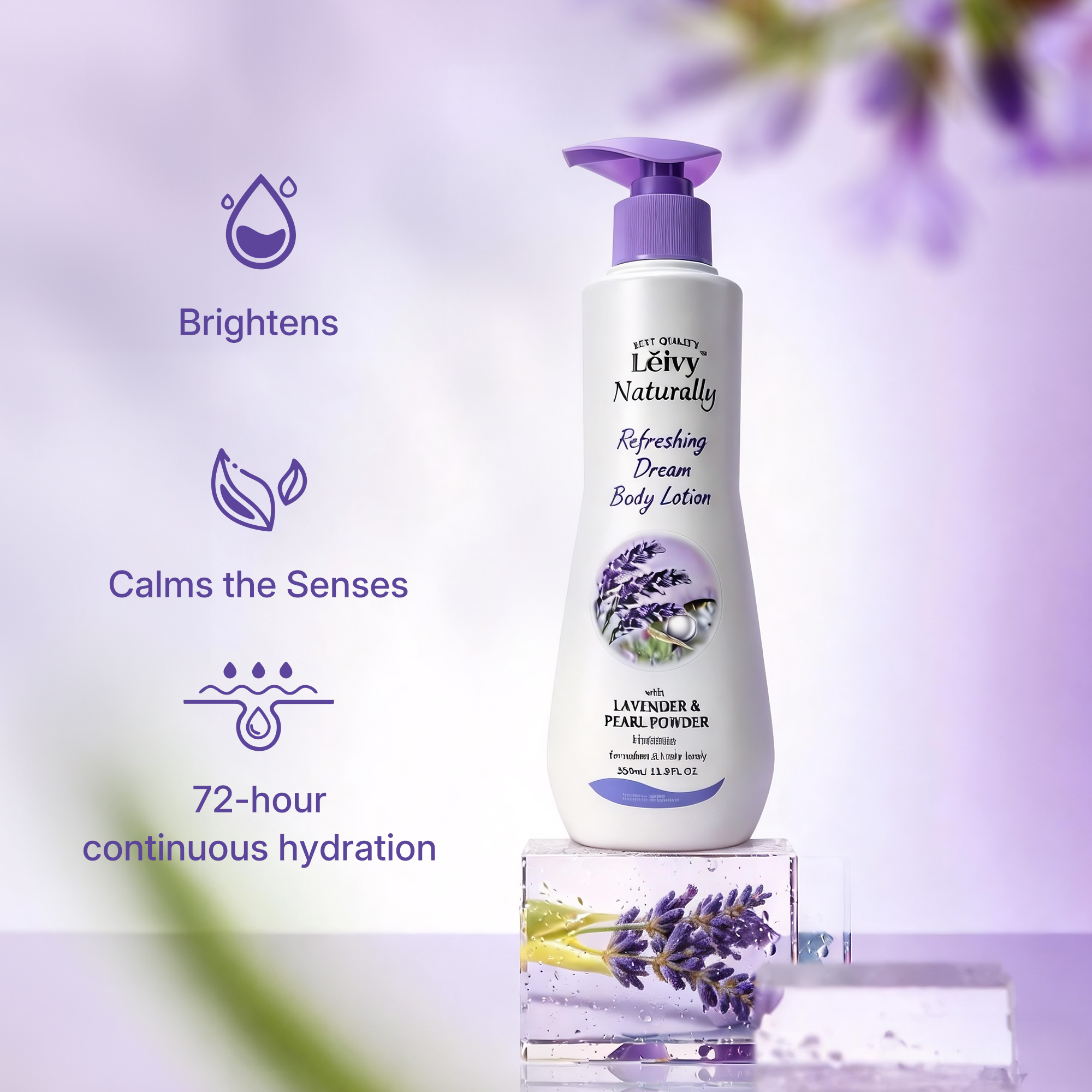 Lěivy Lavender Body Lotion, Deeply Moisture, Lightweight & Non-Greasy, for All Skin Types with Pearl Powder & Vitamins E, 11.8 fl oz / 350 ML