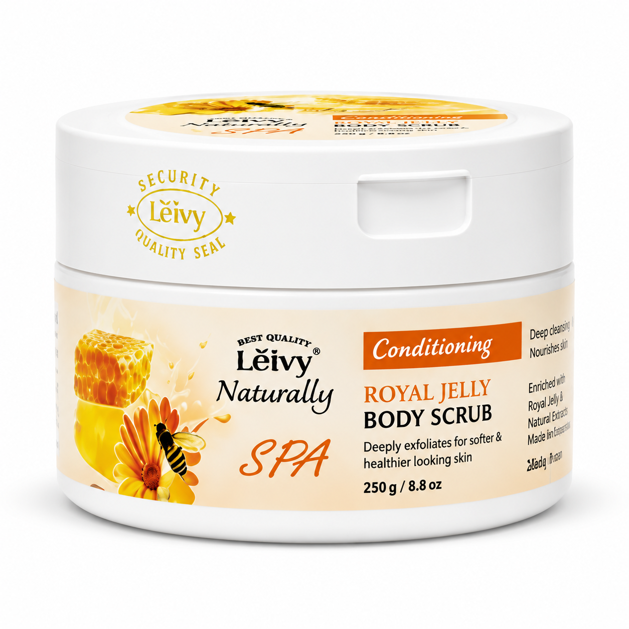 Lěivy Royal Jelly Body Scrub, Exfoliates & Nourishes for Dry Skin, Helps Reduce Chicken Skin Bumps, Deep Cleansing, 8.8 oz / 250g