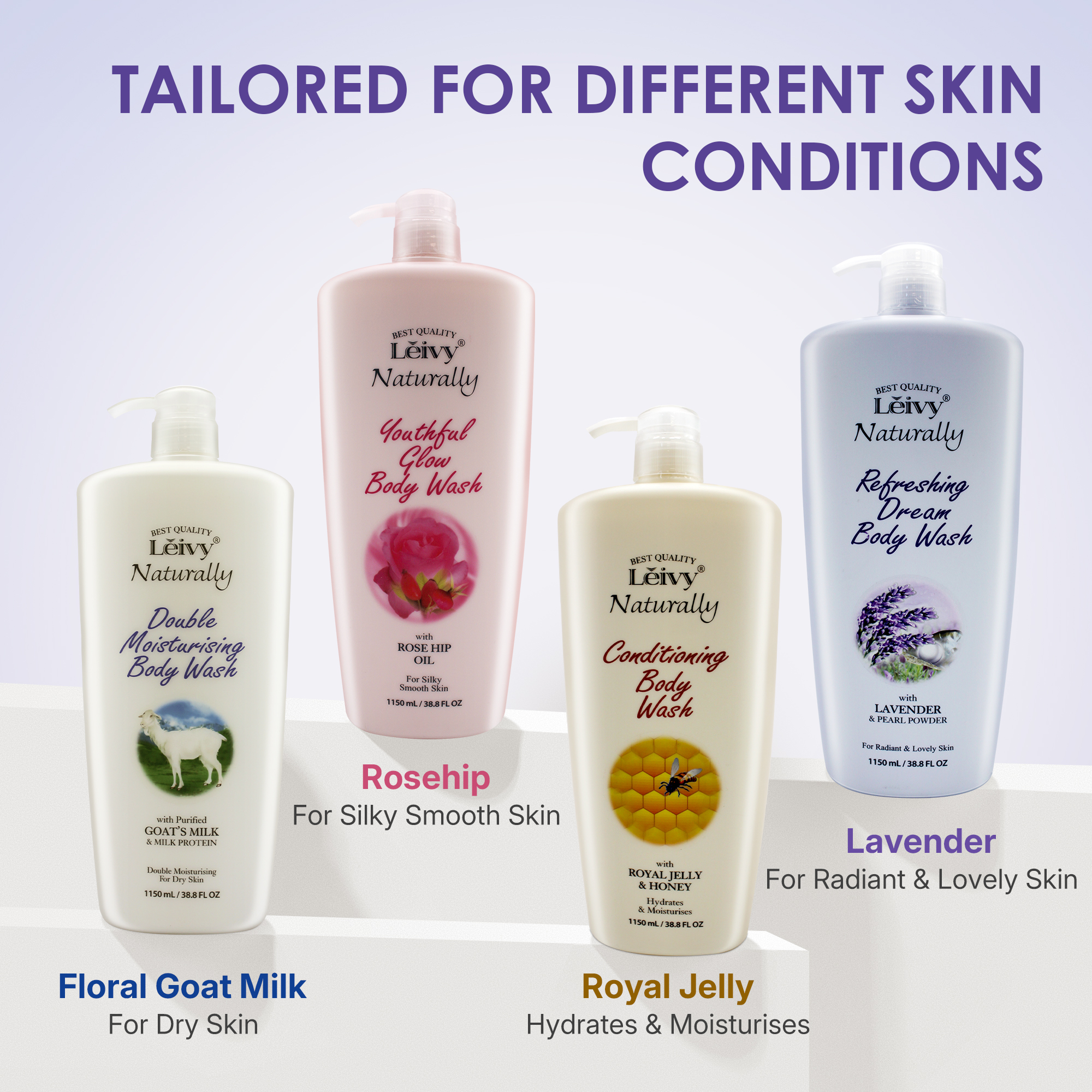 Lěivy Lavender Body Wash Deep Moisturizing, Hydrating Shower Gel, with Vitamin E & Pearl Powder, 38.8 Fl oz / 1150ML