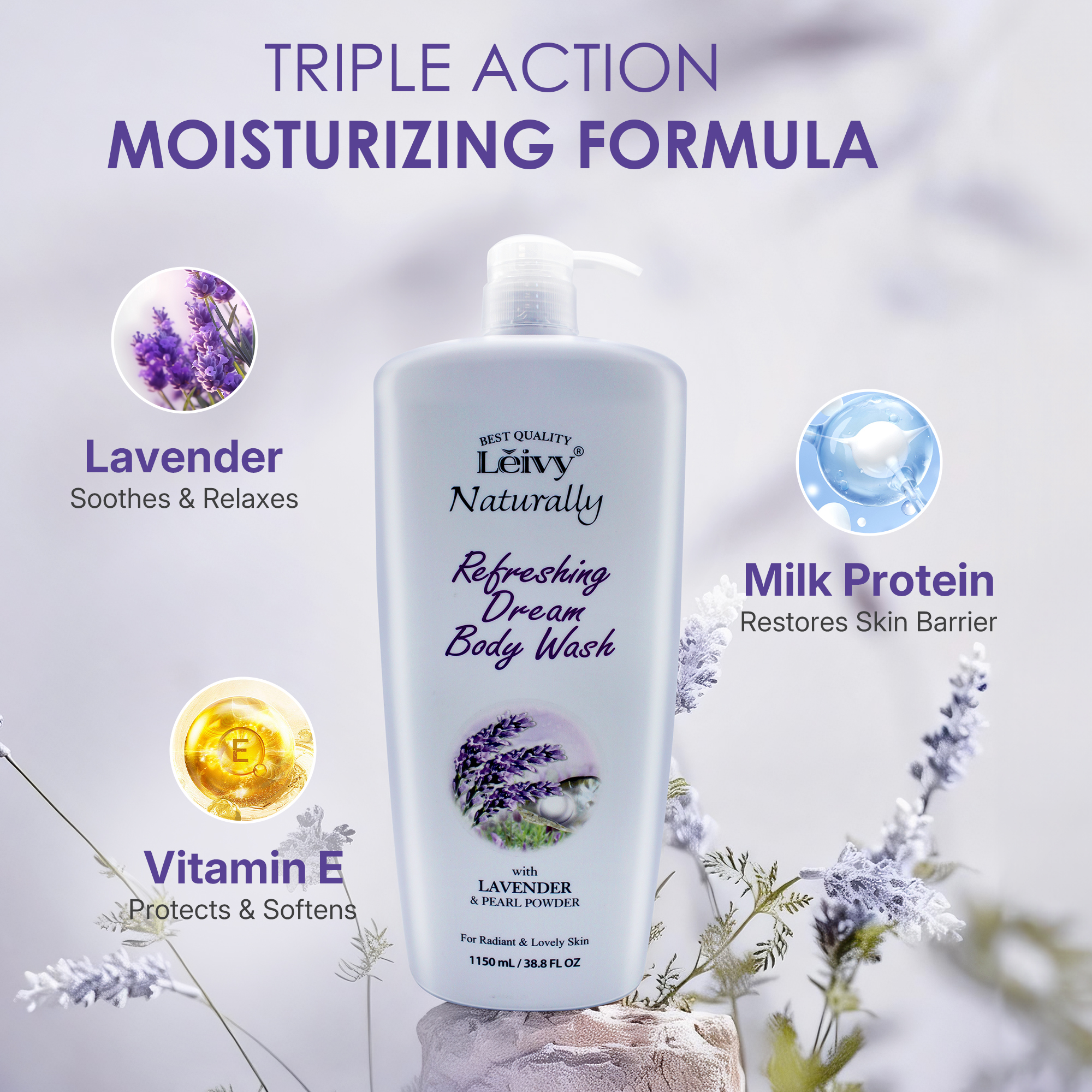 Lěivy Lavender Body Wash Deep Moisturizing, Hydrating Shower Gel, with Vitamin E & Pearl Powder, 38.8 Fl oz / 1150ML