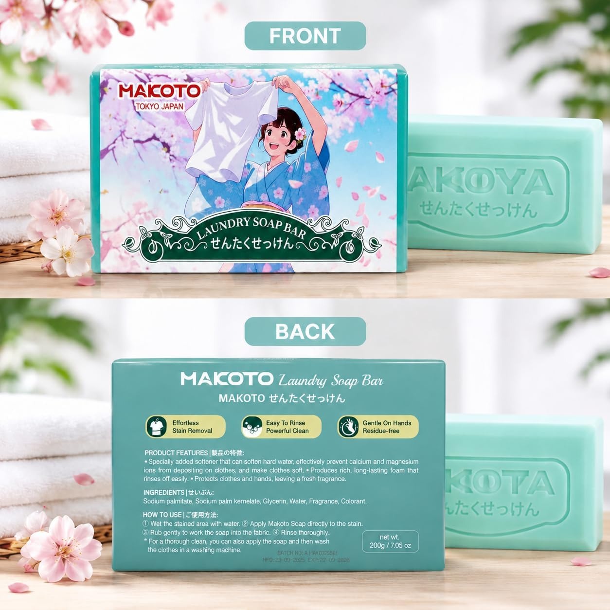 Makoto Laundry Soap Bar, Long-lasting Soap Bar, Laundry Bar Helps Remove Everyday Dirt & Grime, Fresh Scent, 7.05 oz / 200g