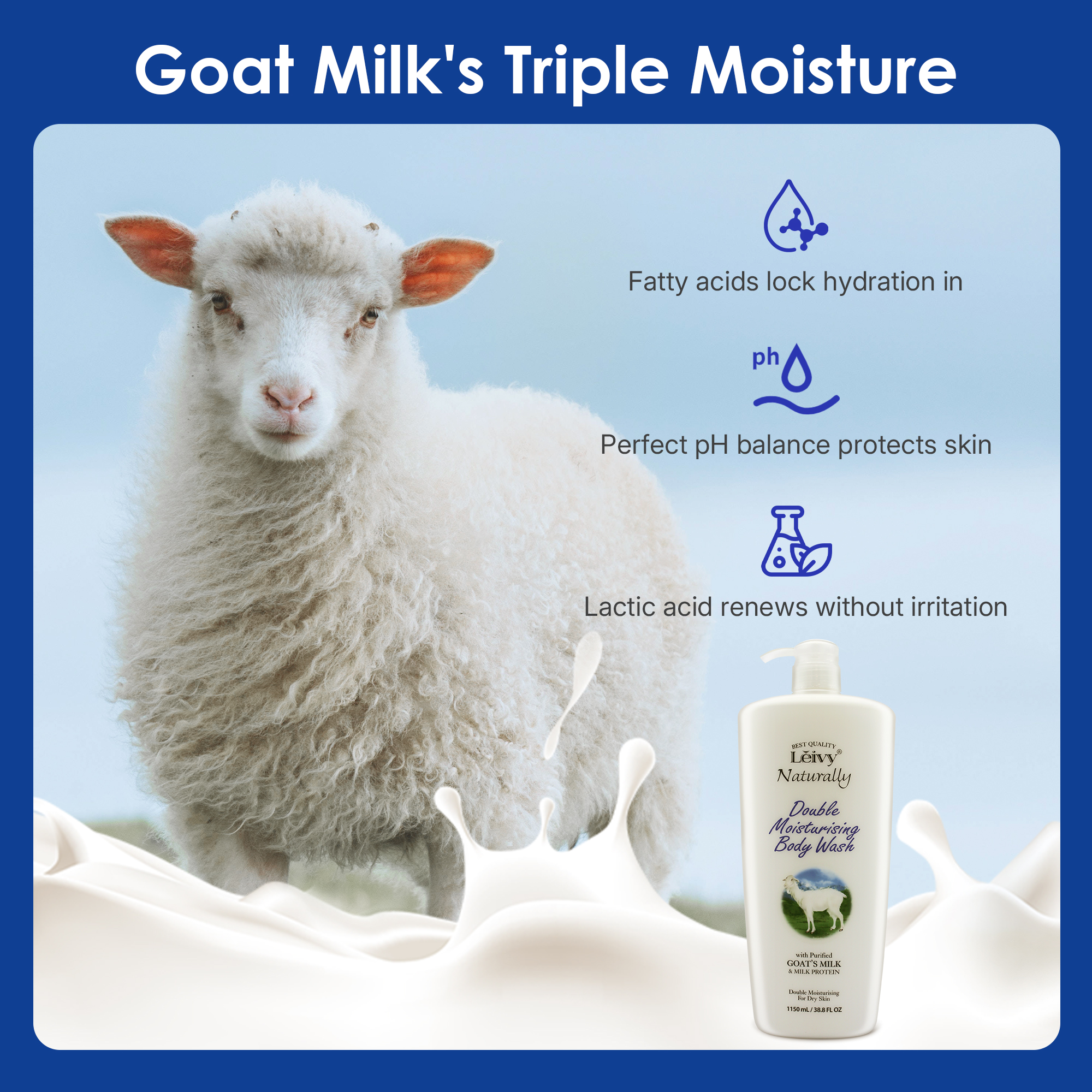 Lěivy Goat Milk Body Wash Moisturizing, for Dry Skin Hydrating, with Hydrolyzed Milk Protein & Vitamin E, 38.8 Fl oz / 1150ml
