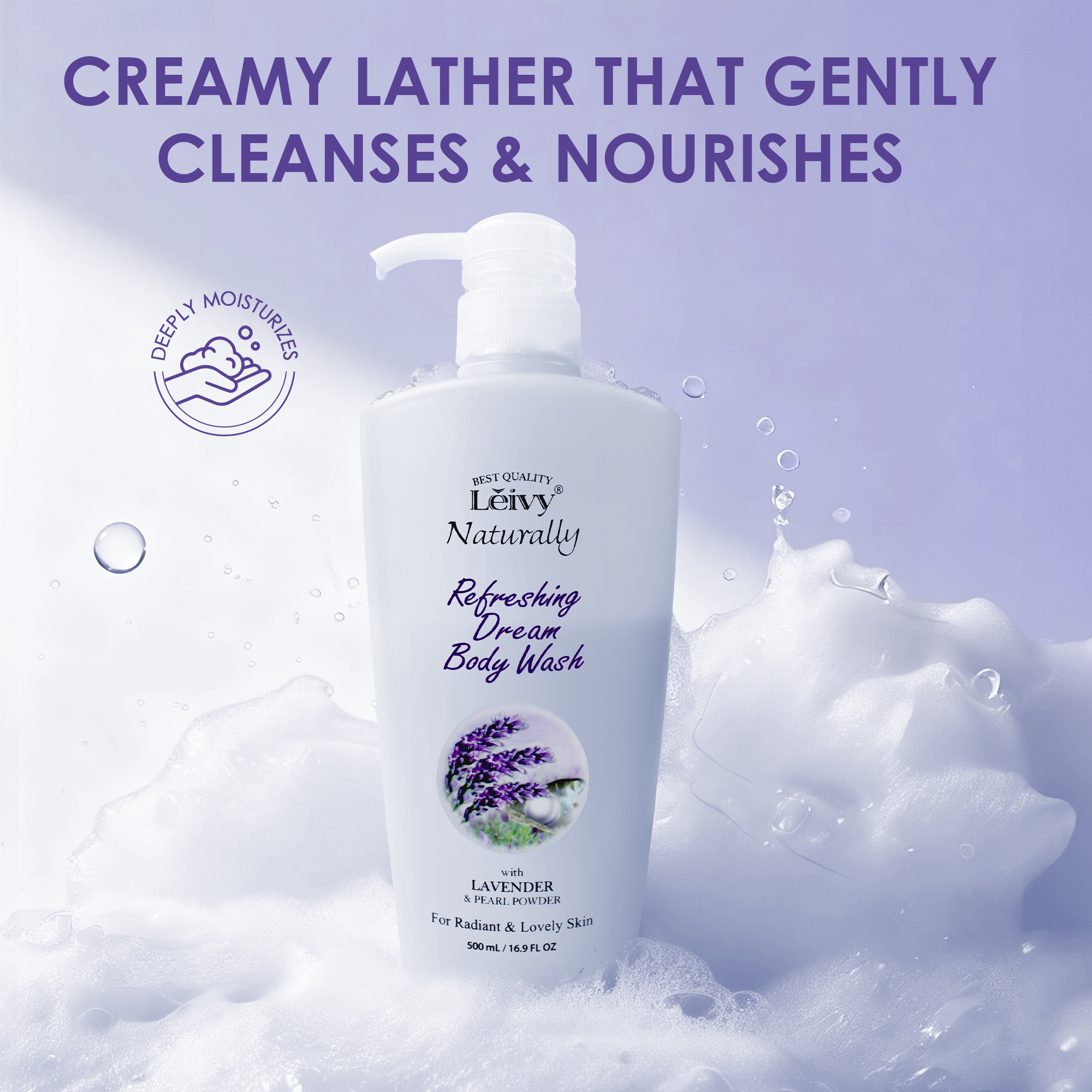 Lěivy Lavender Body Wash Deep Moisturizing, Hydrating Shower Gel, with Vitamin E & Pearl Powder, 16.9 Fl oz Bottle / 500ML
