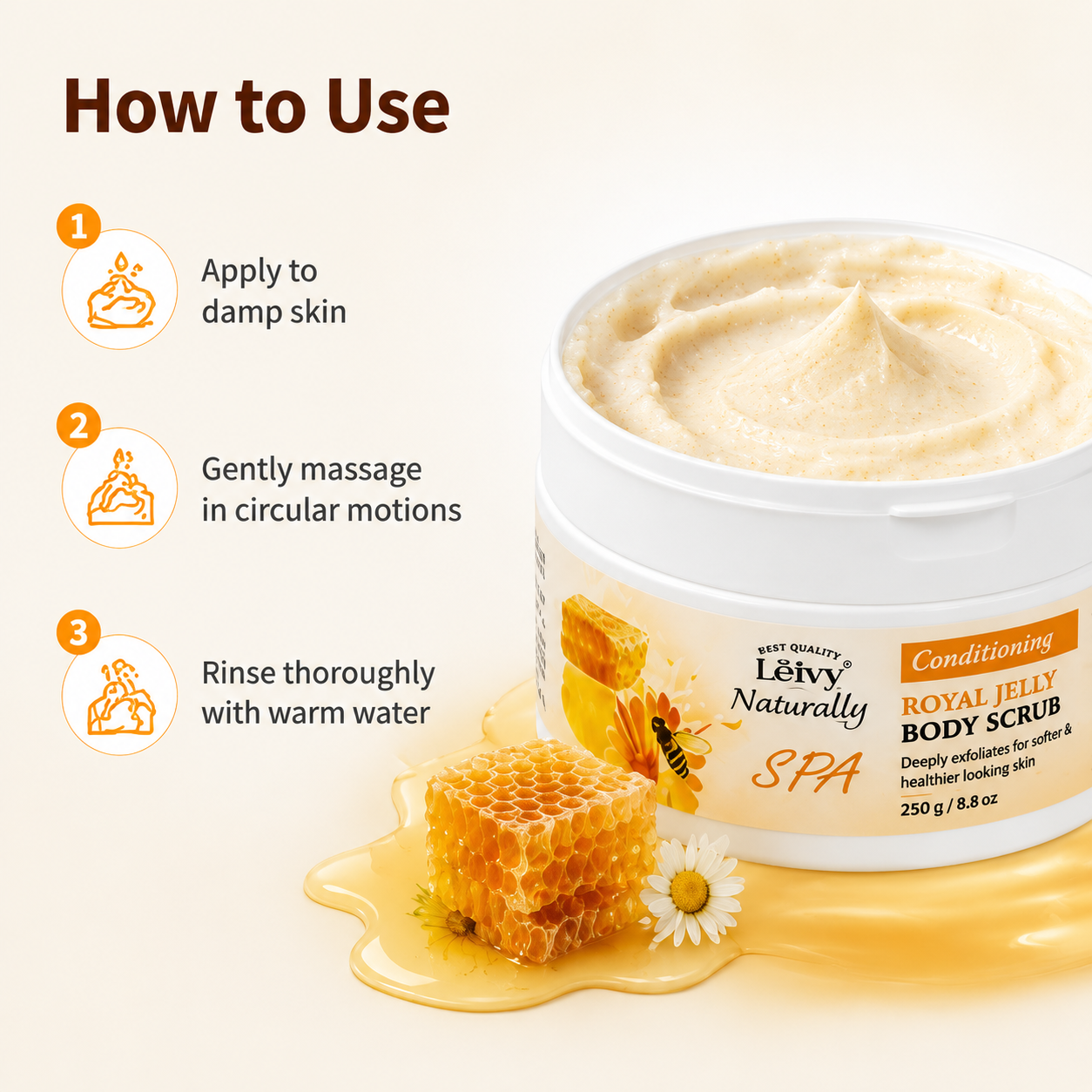 Lěivy Royal Jelly Body Scrub, Exfoliates & Nourishes for Dry Skin, Helps Reduce Chicken Skin Bumps, Deep Cleansing, 250g / 8.8 oz