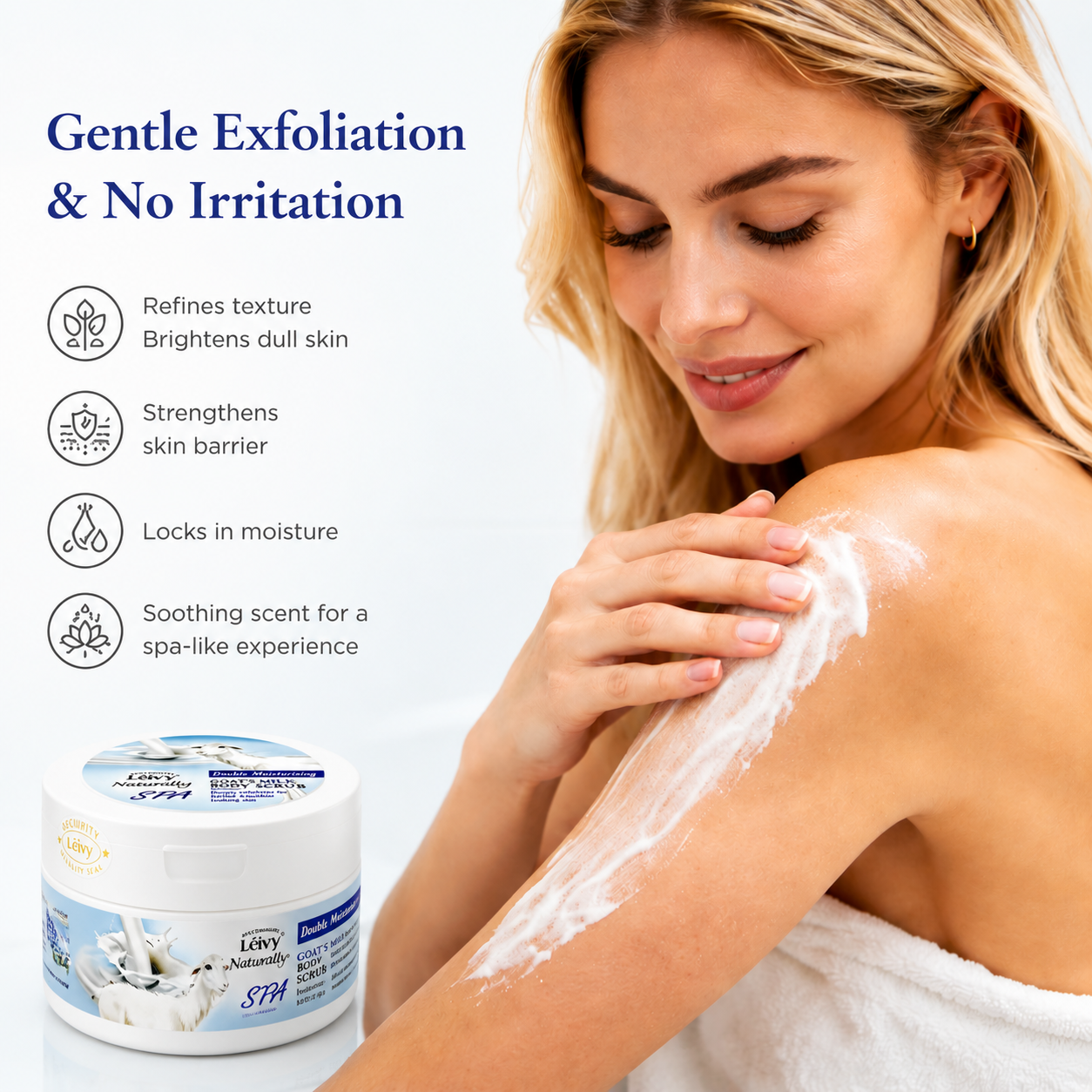 Lěivy Goat Milk Body Scrub, Exfoliating & Hydrating for Dry Skin, with Hydrolyzed Milk Protein & Mulberry Root Extract, 8.8 oz / 250g