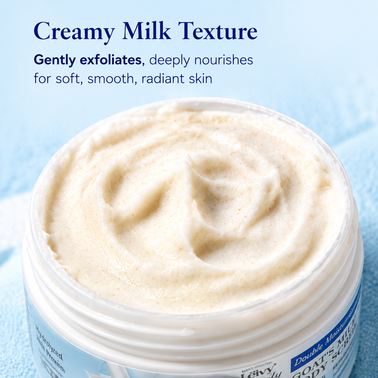 Lěivy Goat Milk Body Scrub, Exfoliating & Hydrating for Dry Skin, with Hydrolyzed Milk Protein & Mulberry Root Extract, 8.8 oz / 250g