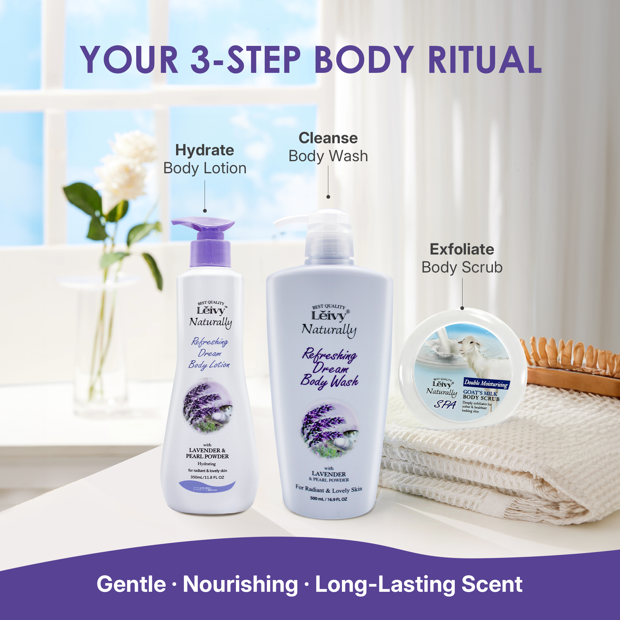 Lěivy Lavender Body Wash Deep Moisturizing, Hydrating Shower Gel, with Vitamin E & Pearl Powder, 500 mL / 16.9 FL OZ 