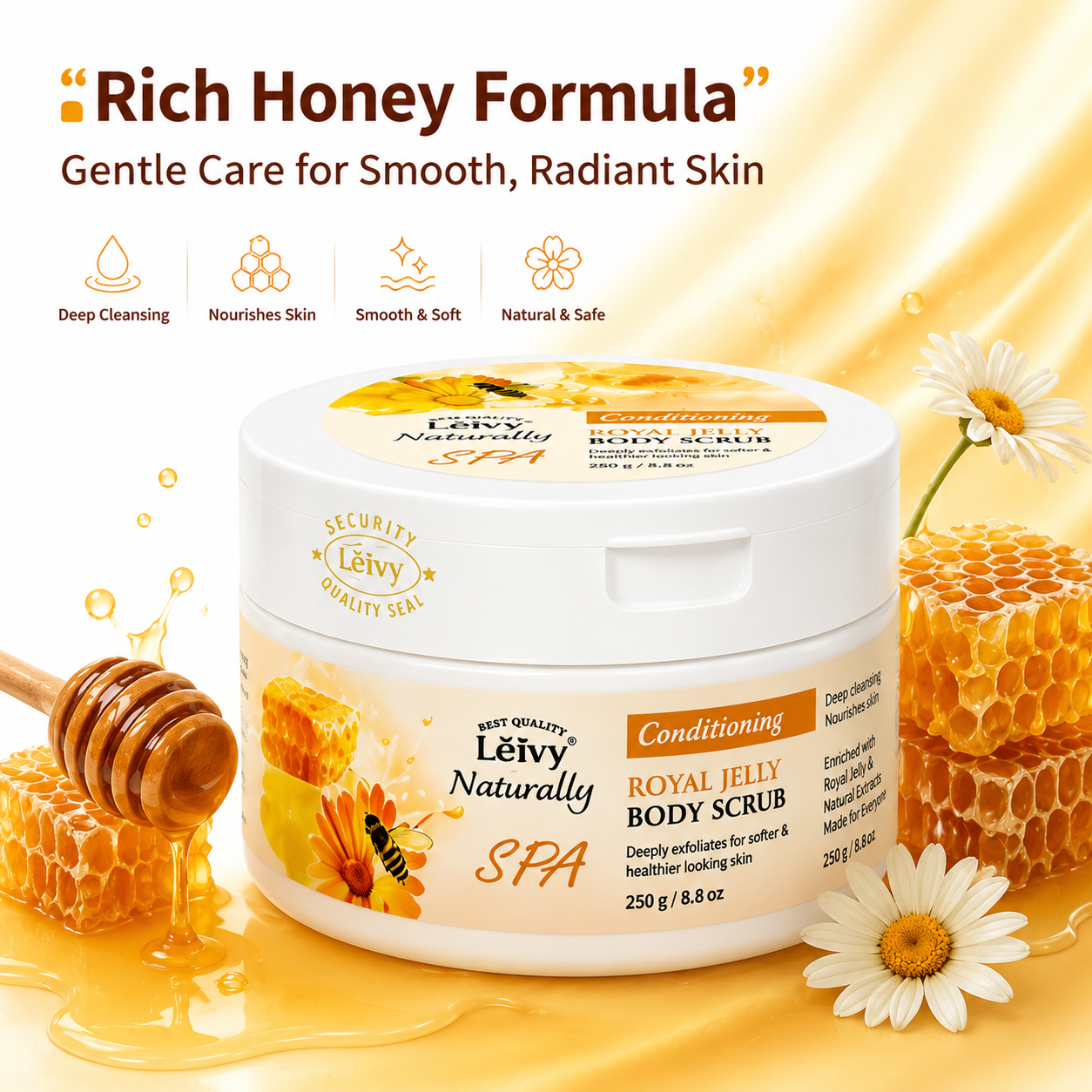 Lěivy Royal Jelly Body Scrub, Exfoliates & Nourishes for Dry Skin, Helps Reduce Chicken Skin Bumps, Deep Cleansing, 250g / 8.8 oz