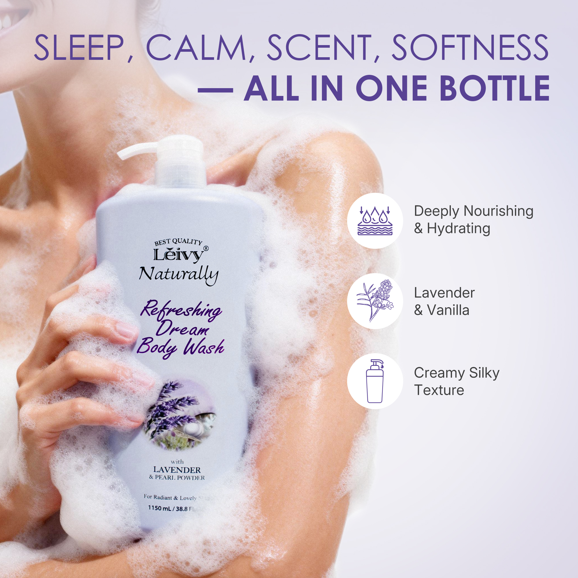 Lěivy Lavender Body Wash Deep Moisturizing, Hydrating Shower Gel, with Vitamin E & Pearl Powder, 38.8 Fl oz / 1150ML