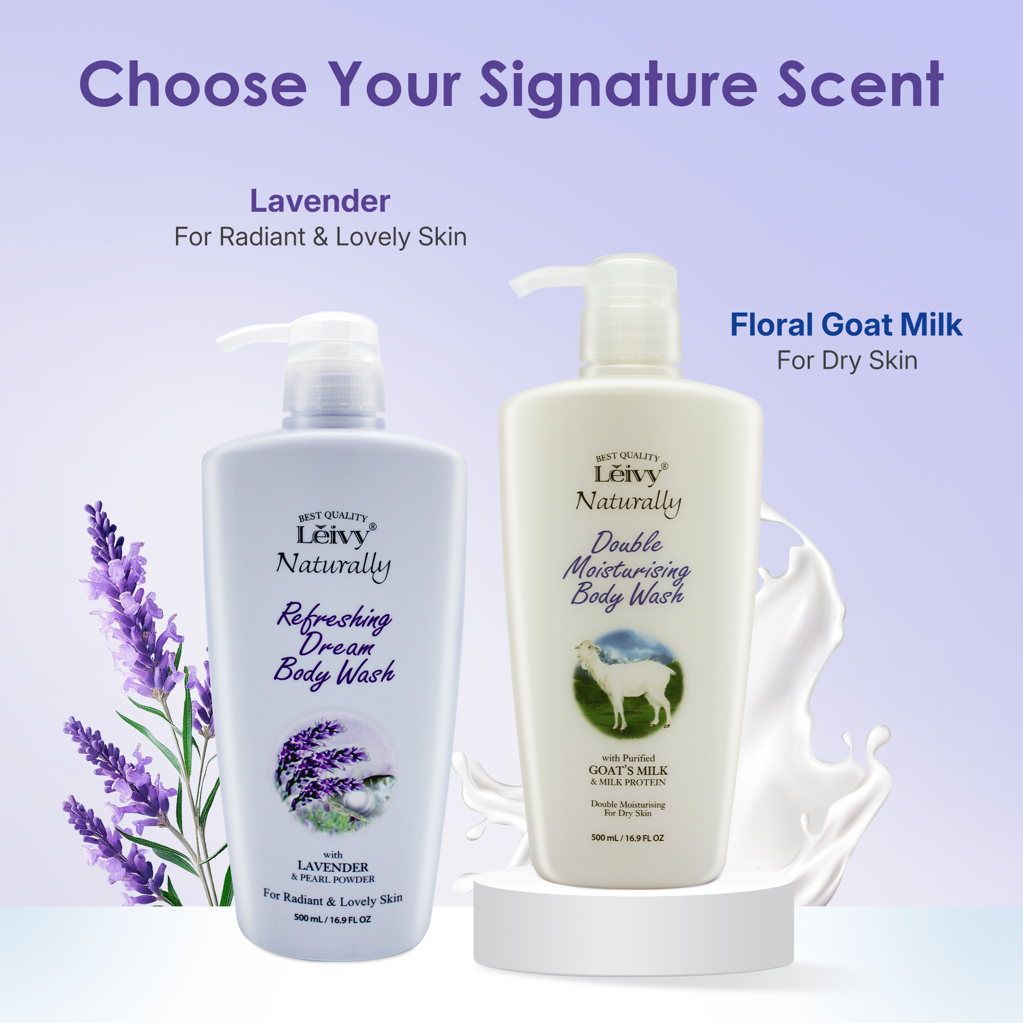Lěivy Lavender Body Wash Deep Moisturizing, Hydrating Shower Gel, with Vitamin E & Pearl Powder, 500 mL / 16.9 FL OZ 