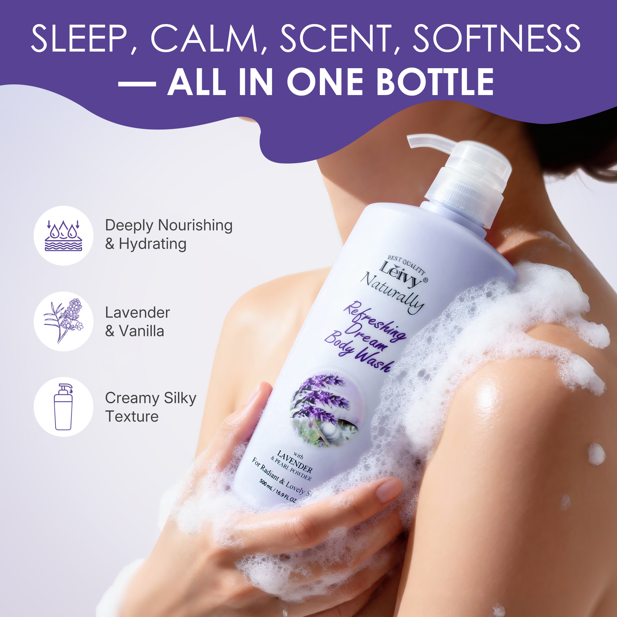 Lěivy Lavender Body Wash Deep Moisturizing, Hydrating Shower Gel, with Vitamin E & Pearl Powder, 16.9 Fl oz Bottle / 500ML
