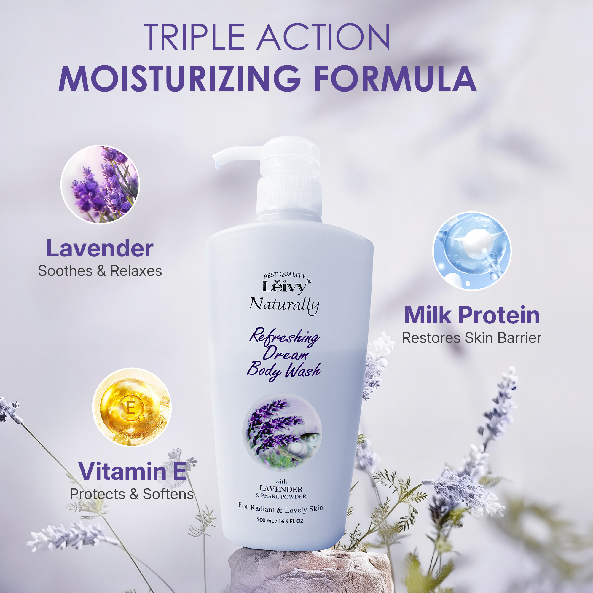 Lěivy Lavender Body Wash Deep Moisturizing, Hydrating Shower Gel, with Vitamin E & Pearl Powder, 16.9 Fl oz Bottle / 500ML