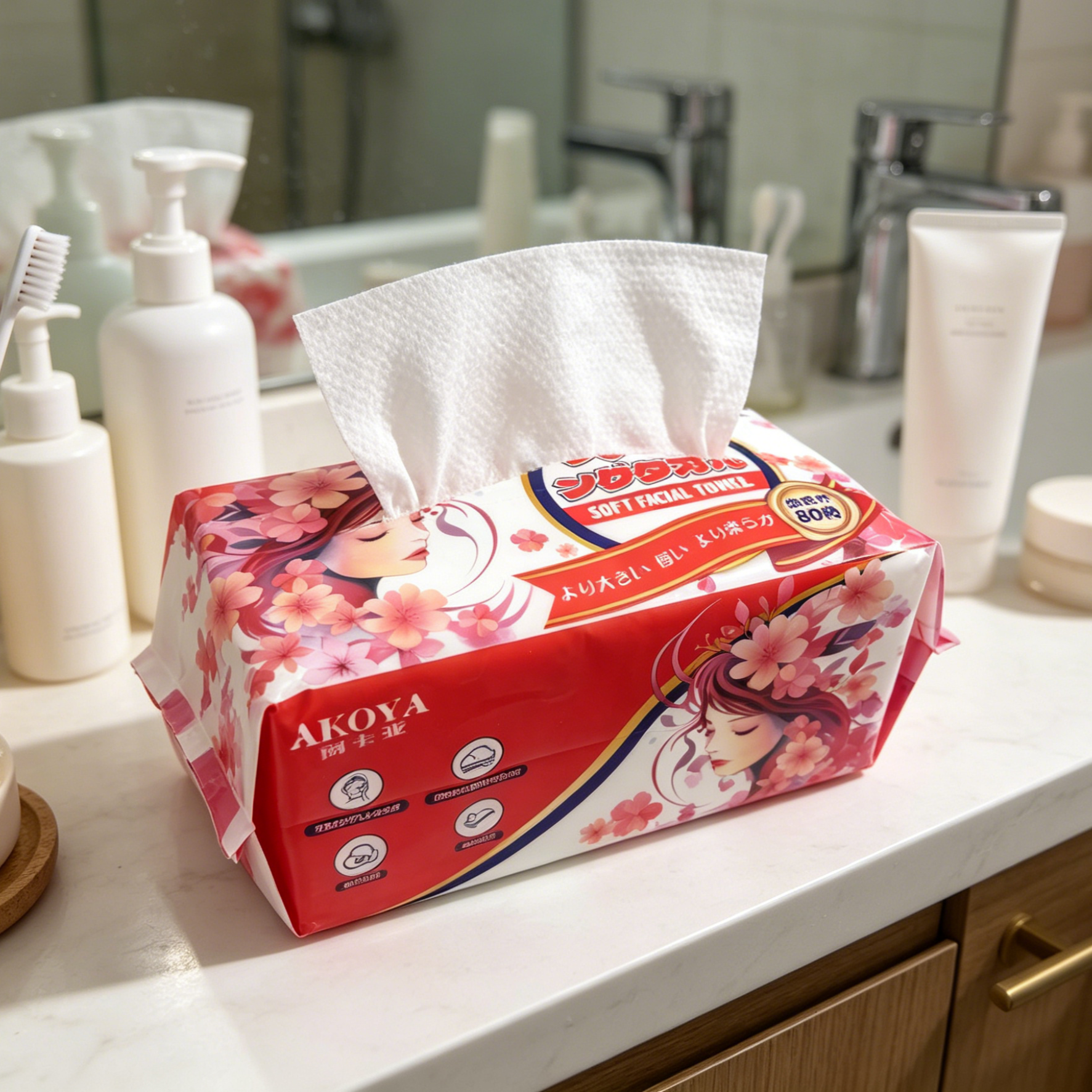 Akoya Disposable Soft Facial Towels, 80 Sheets: Ultra-Gentle, Thick, Rapid-Dry, Ideal for Sensitive Skin