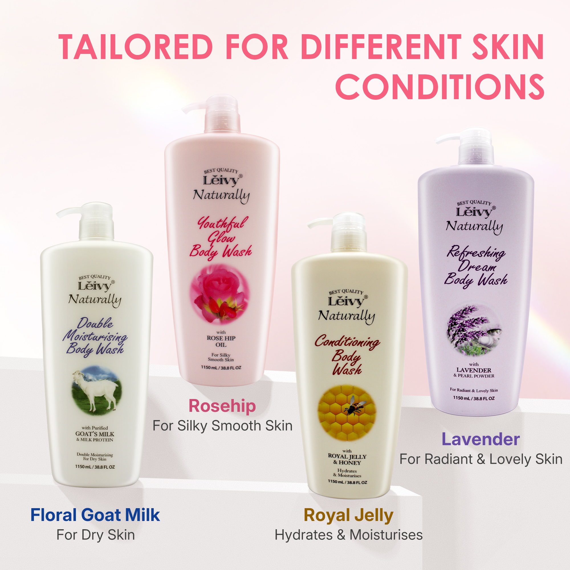 Lěivy Rosehip Oil Body Wash Deep Nourishing, Balance and Soften Skin, with Vitamin E & Hydrolyzed Milk Protein, 38.8 Fl oz / 1150ml