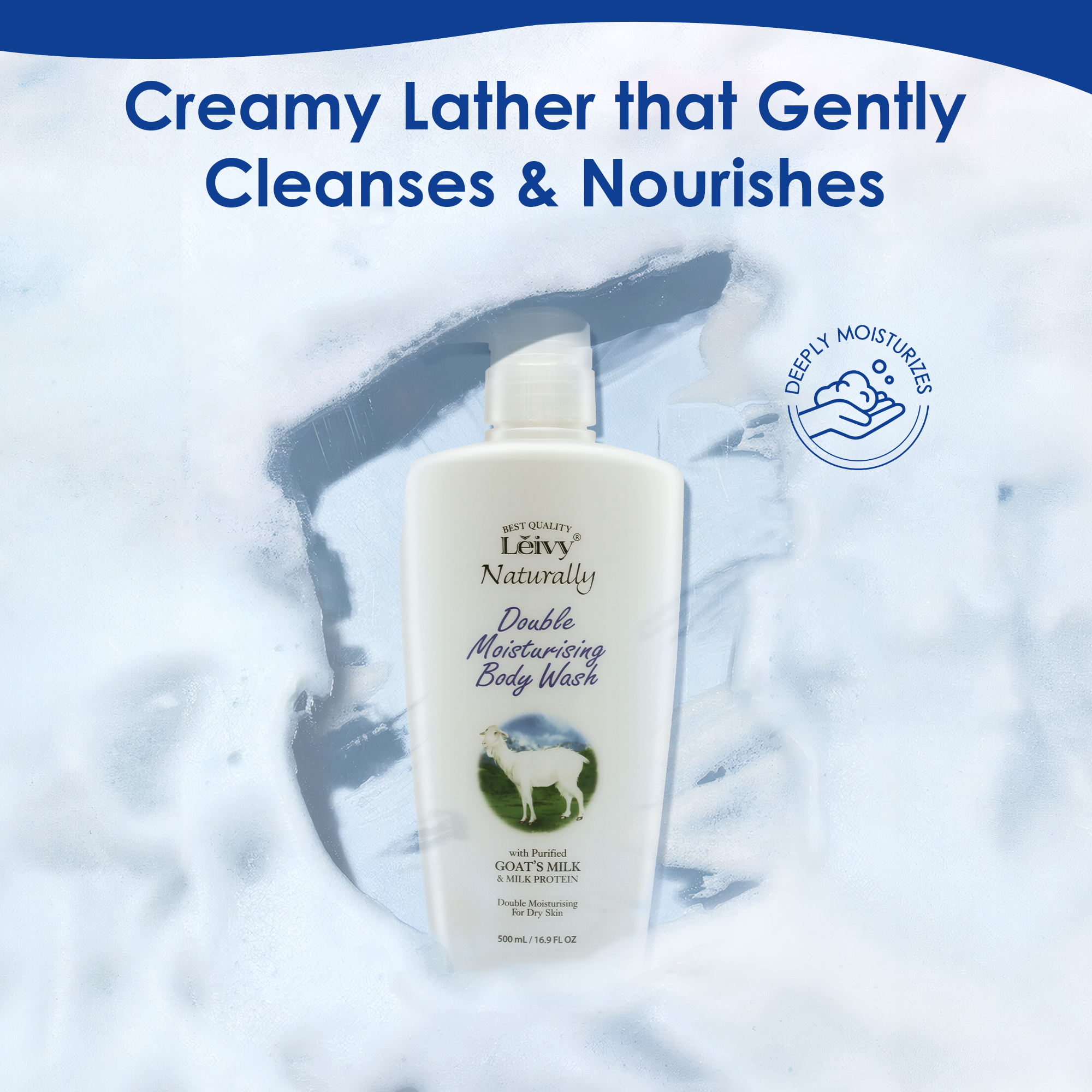Lěivy Goat Milk Body Wash Moisturizing, for Dry Skin Cleanser, with Hydrolyzed Milk Protein & Vitamin E, 16.9 Fl oz / 500ML