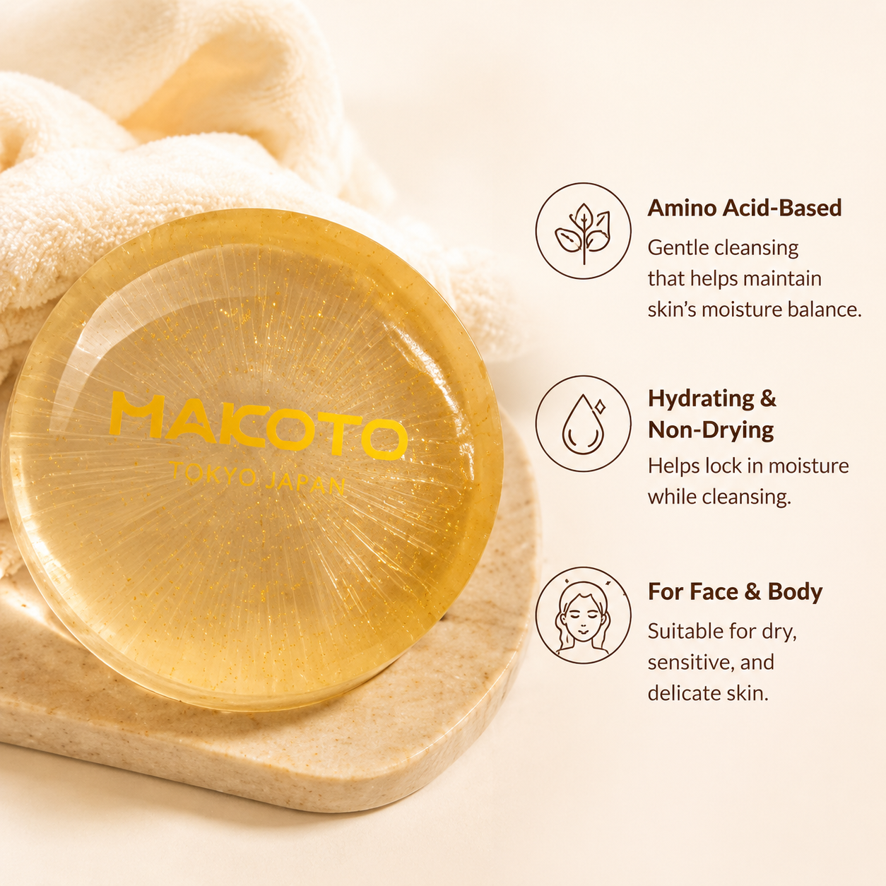 MAKOTO Amino Acid Facial Soap, Nourishing Face Soap Bar, Moisturizing Body Bath Bar Soap, For Dry Sensitive Skin, 3.52 oz
