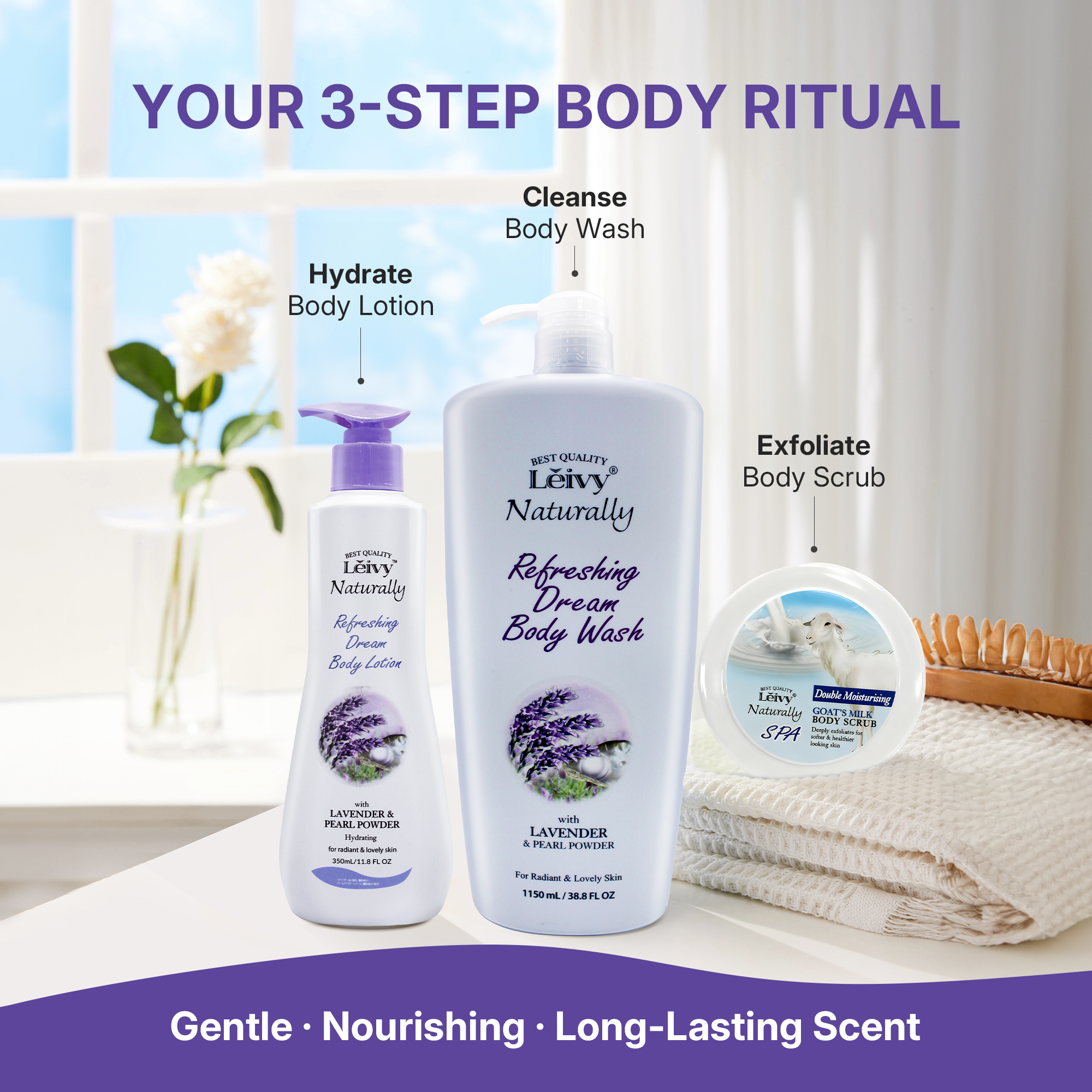 Lěivy Lavender Body Lotion, Deeply Moisture, Lightweight & Non-Greasy, for All Skin Types with Pearl Powder & Vitamins E, 350 mL / 11.8 FL OZ
