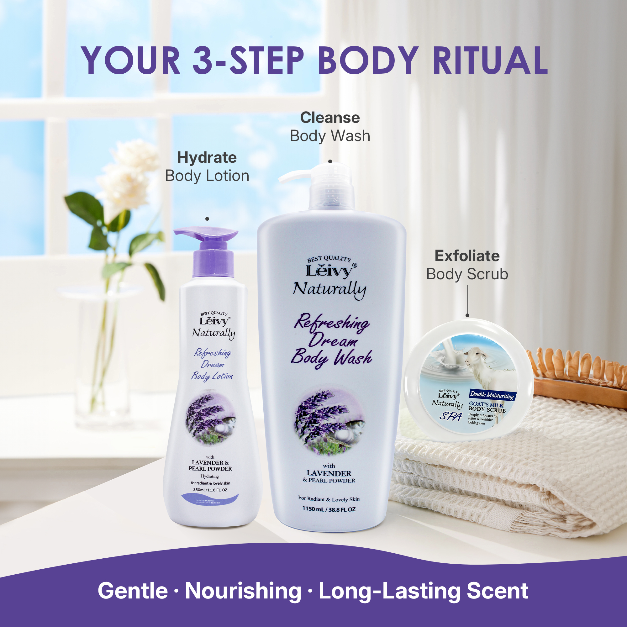 Lěivy Lavender Body Wash Deep Moisturizing, Hydrating Shower Gel, with Vitamin E & Pearl Powder, 1150 mL / 38.8 FL OZ