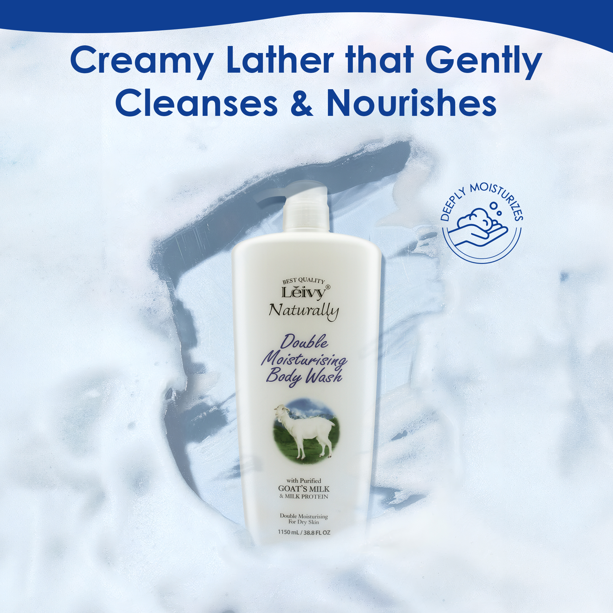 Lěivy Goat Milk Body Wash Moisturizing, for Dry Skin Hydrating, with Hydrolyzed Milk Protein & Vitamin E, 38.8 Fl oz / 1150ml
