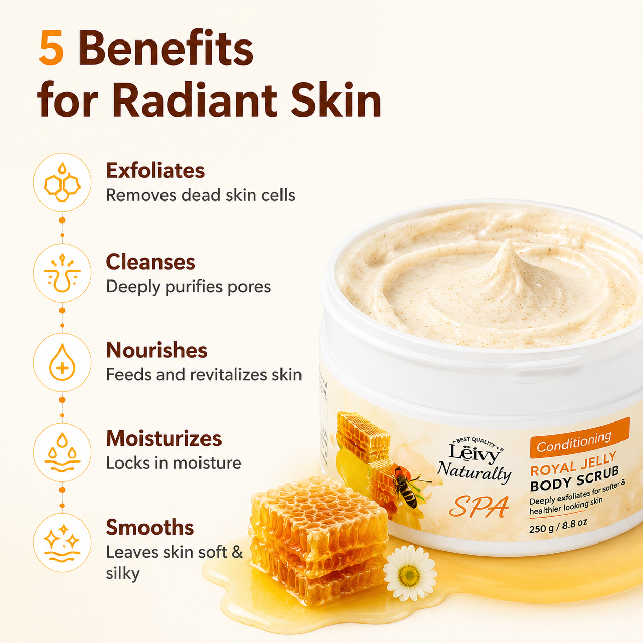 Lěivy Royal Jelly Body Scrub, Exfoliates & Nourishes for Dry Skin, Helps Reduce Chicken Skin Bumps, Deep Cleansing, 250g / 8.8 oz
