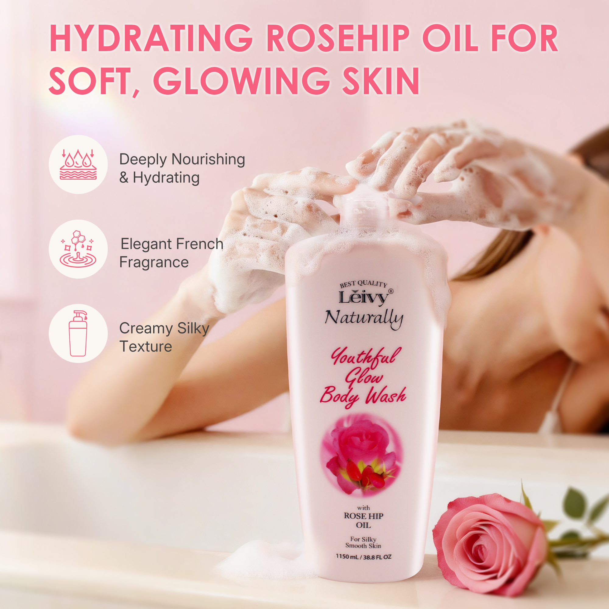 Lěivy Rosehip Oil Body Wash Deep Nourishing, Balance and Soften Skin, with Vitamin E & Hydrolyzed Milk Protein, 38.8 Fl oz / 1150ml