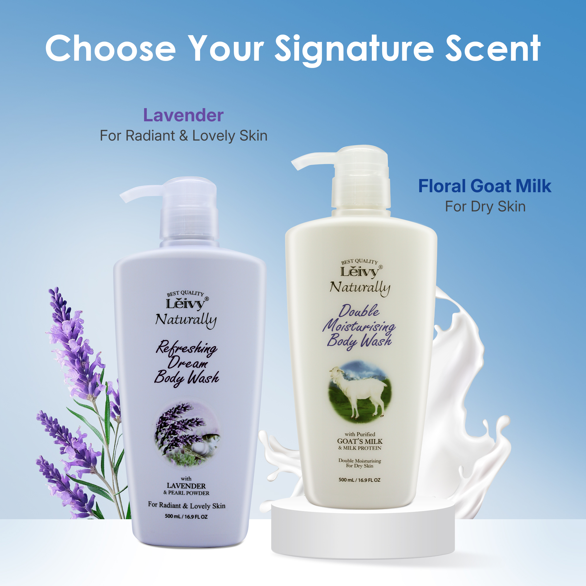 Lěivy Goat Milk Body Wash Moisturizing, for Dry Skin Cleanser, with Hydrolyzed Milk Protein & Vitamin E, 500 mL / 16.9 FL OZ 