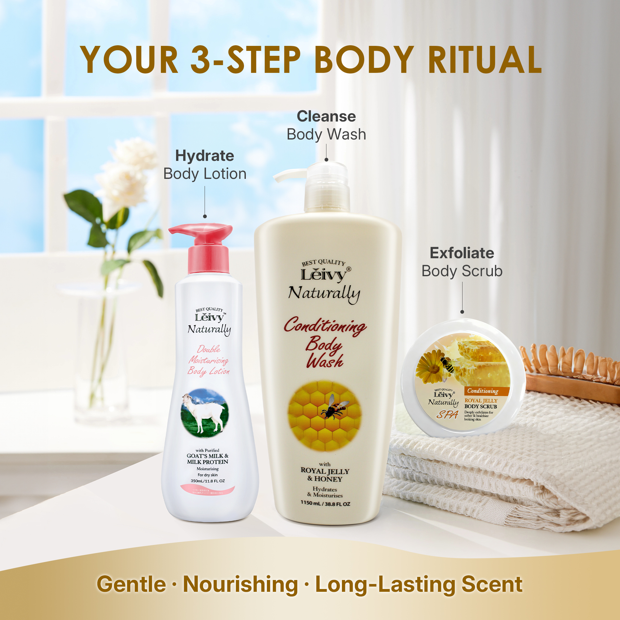 Lěivy Royal Jelly & Honey Body Wash, Hydrating Moisturizing Shower Gel for Dry Skin, with Vitamin E, 1150 mL / 38.8 FL OZ