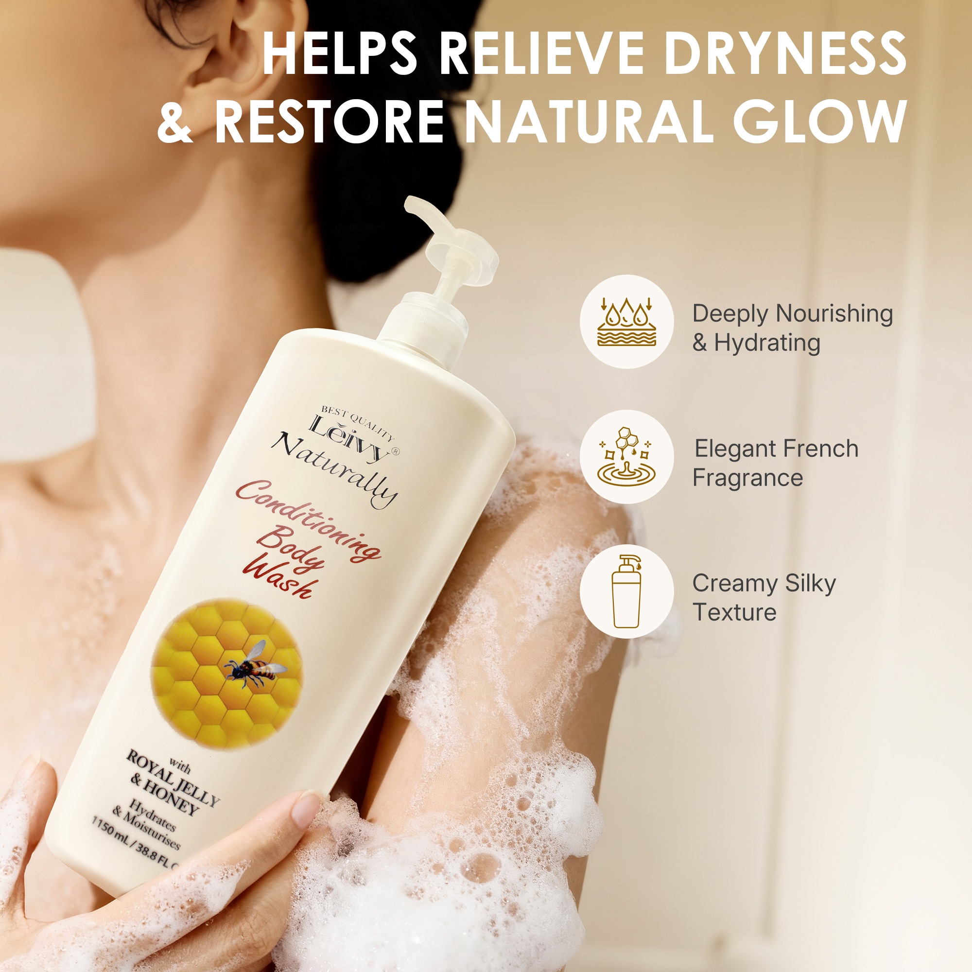 Lěivy Royal Jelly & Honey Body Wash, Hydrating Moisturizing Shower Gel for Dry Skin, with Vitamin E, 38.8 Fl oz / 1150ml