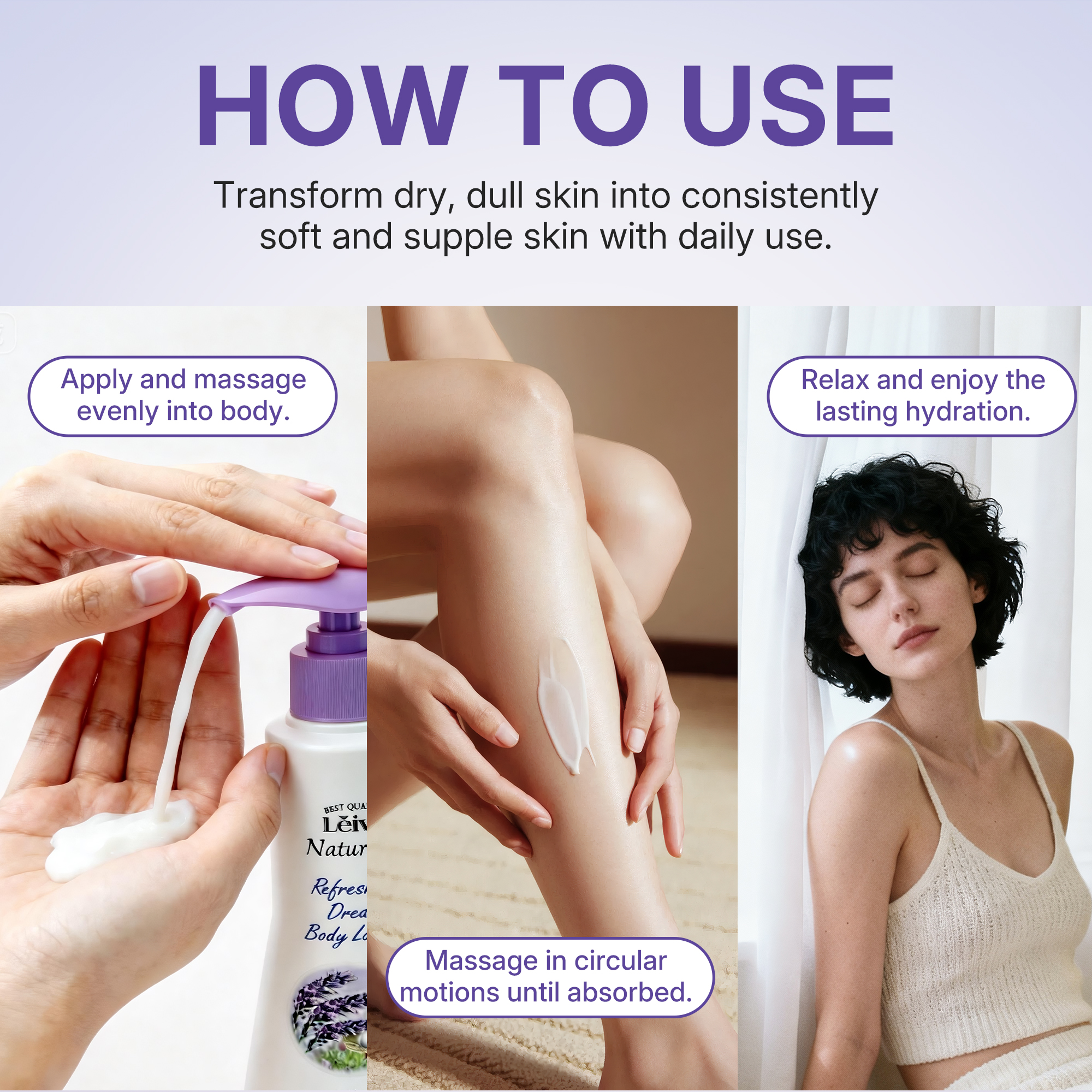 Lěivy Lavender Body Lotion, Deeply Moisture, Lightweight & Non-Greasy, for All Skin Types with Pearl Powder & Vitamins E, 350 mL / 11.8 FL OZ